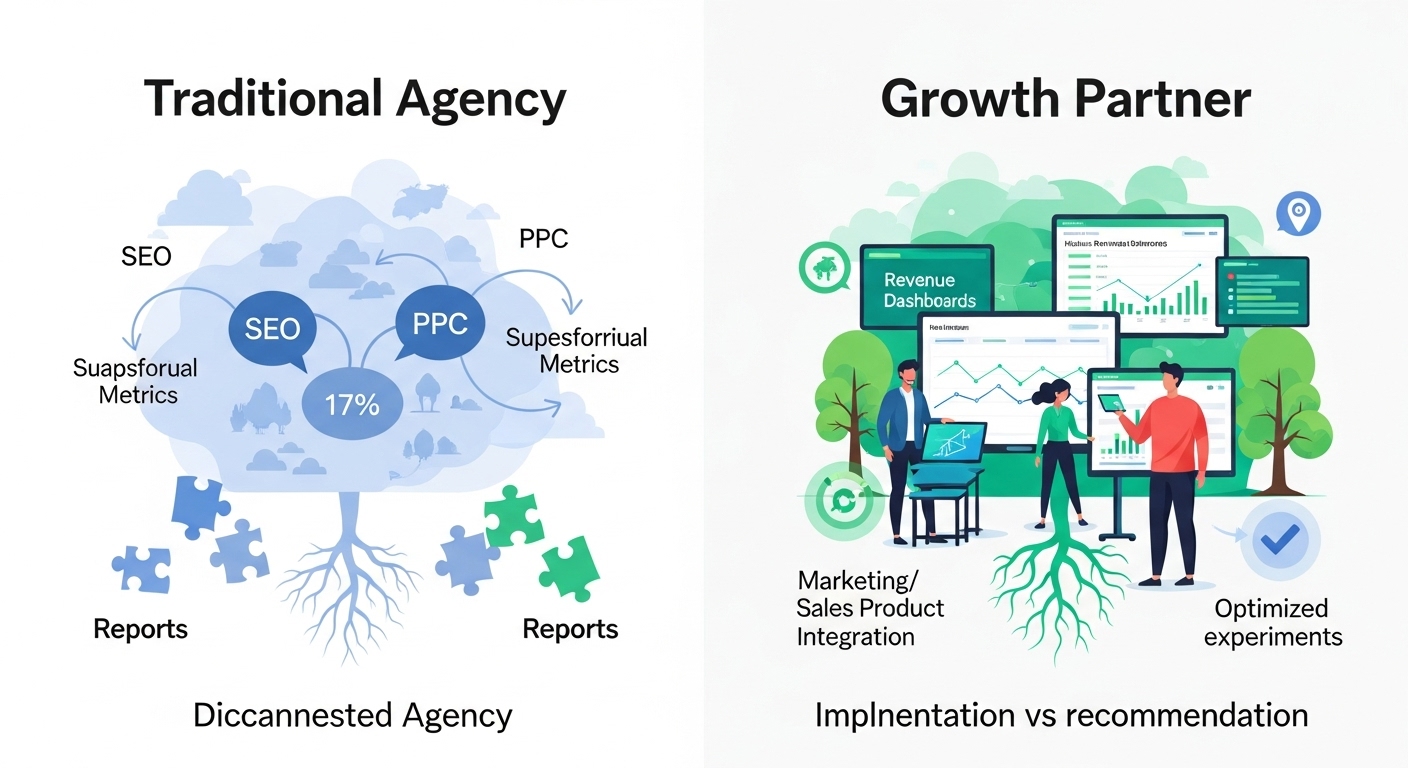 Diagrama comparativo Growth Partner vs Agencia